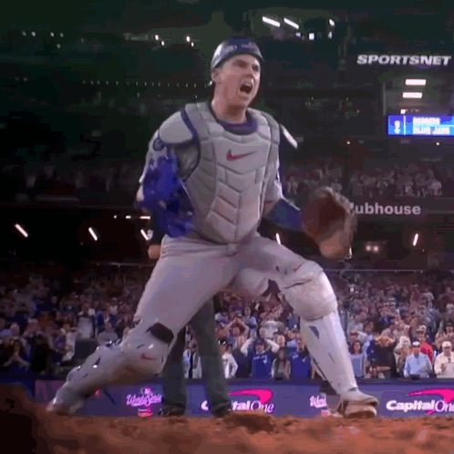 A Baseball Player In A Catcher 'S Uniform Stands In Front Of A Sportsnet Sign GIF