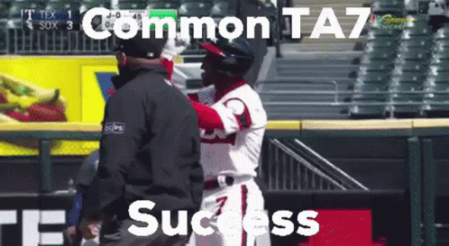 A Baseball Player Is Being Hugged By A Referee With The Words " Common Ta7 Success " Above Him GIF