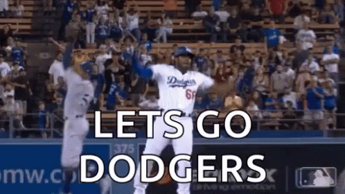 A Baseball Player Is Dancing On The Field With The Words `` Lets Go Dodgers '' Written Above Him . GIF
