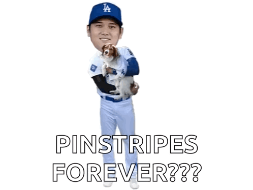 A Baseball Player Is Holding A Dog With The Words Pinstripes Forever Written Below Him GIF