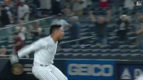 A Baseball Player Is Jumping In The Air In Front Of A Crowd At A Game . GIF