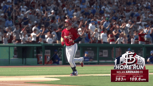 A Baseball Player Is Running On The Field With A Home Run Sign Behind Him GIF