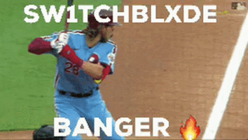 A Baseball Player Is Swinging A Bat And The Words Switchblxde Banger Are On The Bottom GIF