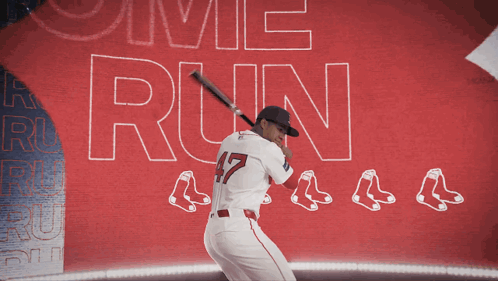 A Baseball Player Is Swinging A Bat In Front Of A Sign That Says " Come Run " GIF