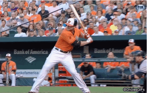 A Baseball Player Is Swinging At A Ball In Front Of A Bank Of America Sign GIF