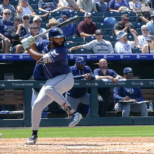 A Baseball Player Is Swinging At A Ball In Front Of A Mlb Network Banner GIF