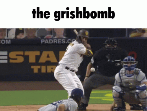 A Baseball Player Is Swinging At A Ball With The Words The Grishbomb Written Above Him GIF