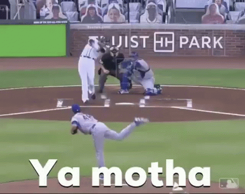 A Baseball Player Is Throwing A Ball On A Field With The Words Ya Motha Written On The Bottom . GIF