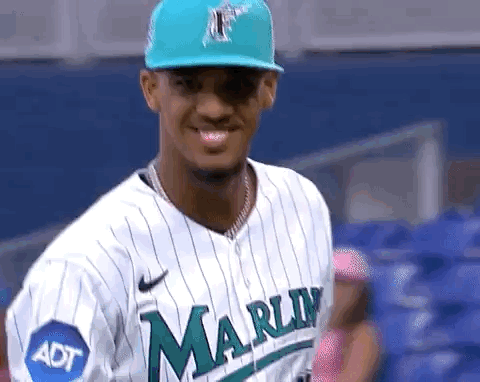 A Baseball Player Is Wearing A Blue Hat And Smiling While Standing On The Field . GIF