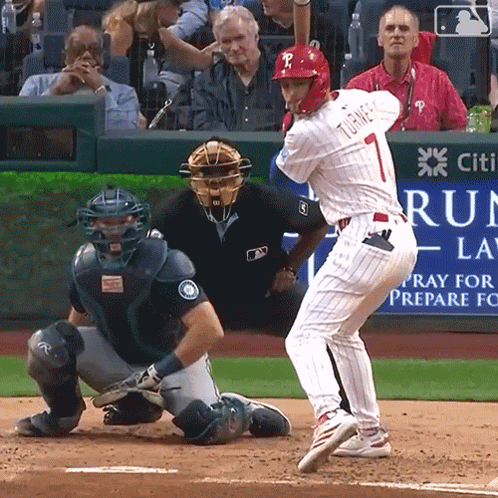 A Baseball Player Named Turner Is About To Swing At A Pitch GIF