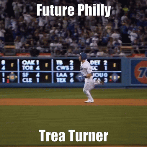 A Baseball Player Running On The Field With The Words Future Philly Trea Turner Above Him GIF