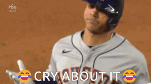 A Baseball Player Says " Cry About It " While Holding His Bat GIF