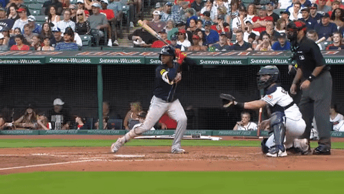 A Baseball Player Swings His Bat At A Pitch In Front Of A Banner For Sherwin Williams GIF