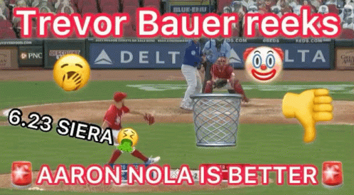 a baseball player throws a ball into a trash can with the words trevor bauer reeks aaron nolais better