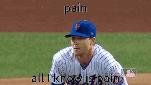 A Baseball Player Wearing A Blue Hat With The Letter M On It Says Pain All I Know Is Pain GIF
