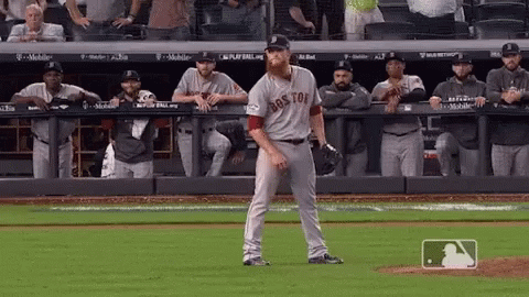 a baseball player wearing a boston jersey stands on a field