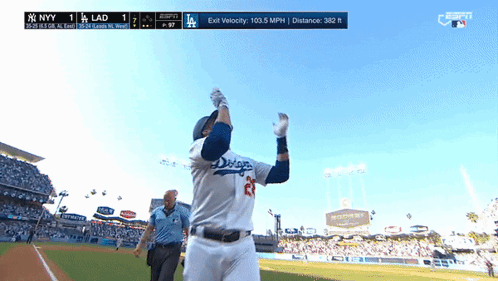 A Baseball Player Wearing A Dodgers Jersey Is Standing On The Field GIF