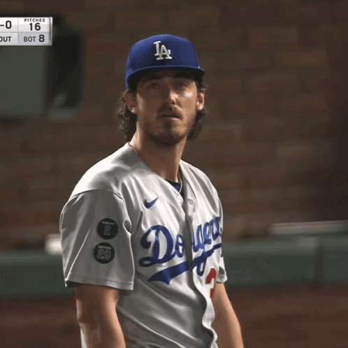 A Baseball Player Wearing A Dodgers Uniform Looks To His Left GIF
