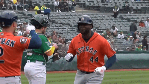 A Baseball Player Wearing A Jersey That Says Astros 44 GIF