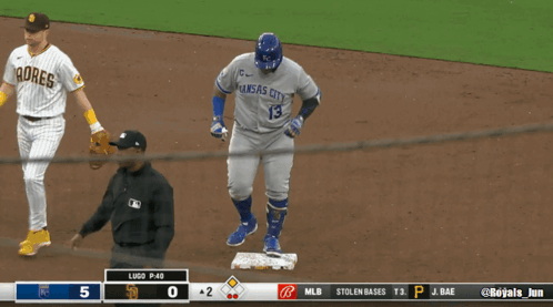 A Baseball Player Wearing A Kansas City Jersey Walks Towards The Base GIF