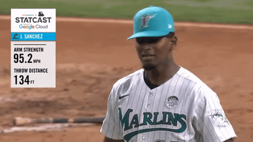 A Baseball Player Wearing A Marlins Jersey Stands On A Field GIF