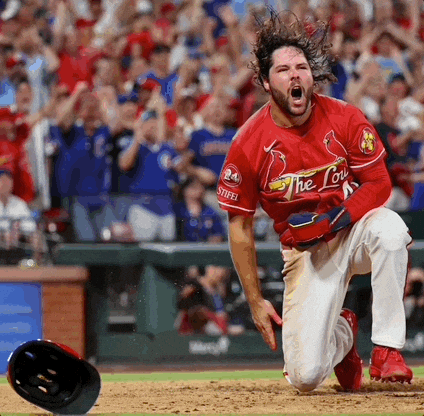 A Baseball Player Wearing A Red Jersey With The Word The Lou On It GIF