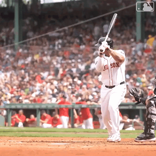 A Baseball Player Wearing A Red Sox Jersey Getting Ready To Bat GIF