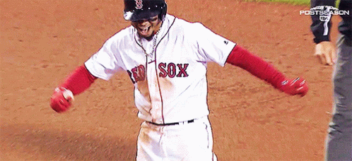A Baseball Player Wearing A Red Sox Jersey Is Standing On The Field GIF
