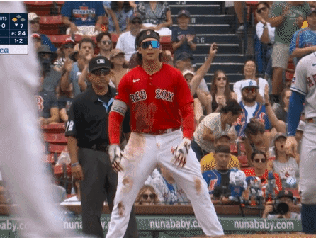 A Baseball Player Wearing A Red Sox Jersey Is Standing On The Field GIF