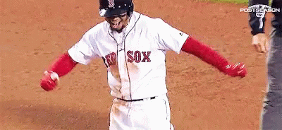 A Baseball Player Wearing A Red Sox Jersey Is Standing On The Field GIF