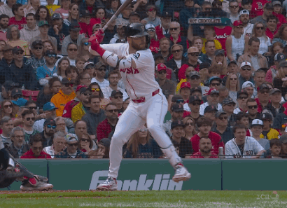 A Baseball Player Wearing A Red Sox Jersey Stands In Front Of The Crowd GIF