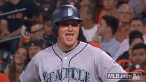 A Baseball Player Wearing A Seattle Jersey Stands In The Stands GIF