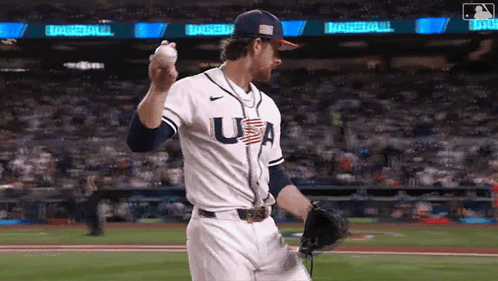 a baseball player wearing a usa jersey is throwing a baseball .