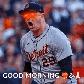 A Baseball Player Wearing Sunglasses And A Detroit Jersey Is Yelling At The Camera . GIF