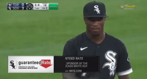 A Baseball Player With A Guaranteed Rate Advertisement On His Shirt GIF