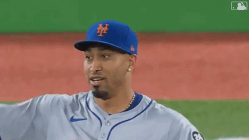 A Baseball Player With His Arms In The Air Wearing A Mets Hat . GIF
