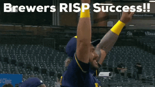 A Baseball Player With His Arms In The Air With The Words Brewers Risp Success Written Above Him GIF