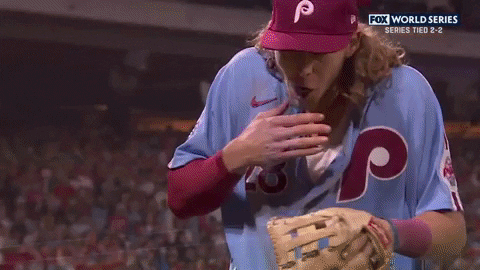A Baseball Player With The Letter P On His Hat Is On The Fox World Series GIF