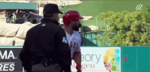 a baseball player with the number 66 on his jersey talks to a referee