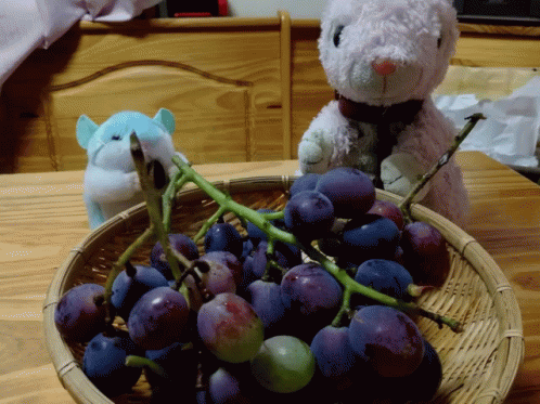 A Basket Of Grapes Sits On A Wooden Table With A Stuffed Animal In The Background GIF