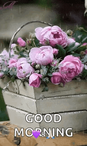 A Basket Of Pink Flowers With The Words `` Good Morning '' Written On It GIF
