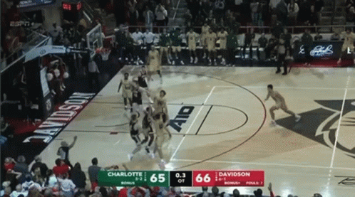 A Basketball Game Between Charlotte And Davidson With The Score 65 To 66 GIF