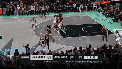 A Basketball Game Between Las Vegas And New York With The Score 82 To 84 GIF