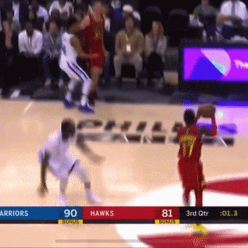 A Basketball Game Between The Warriors And The Hawks Is Being Played GIF