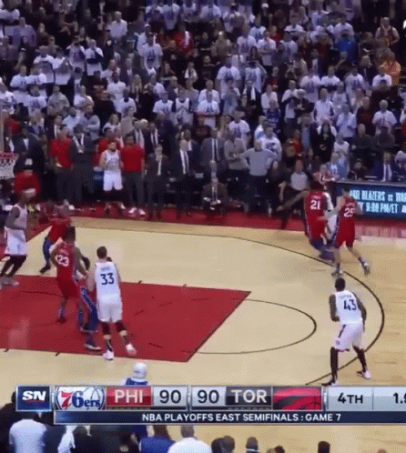 A Basketball Game Is Being Played In Front Of A Crowd And The Score Is 90 To 90 GIF