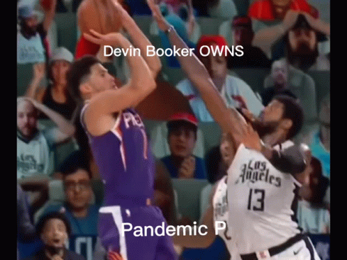 A Basketball Game Is Being Played In Front Of A Crowd With A Caption That Says Devin Booker Owns Pandemic P . GIF
