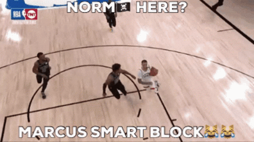 A Basketball Game Is Being Played On A Court With The Words Norm Here And Marcus Smart Block GIF