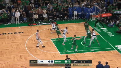 A Basketball Game Is Underway And The Scoreboard Shows That The Boston Celtics Are Leading The Dallas Lakers 46 To 64 GIF