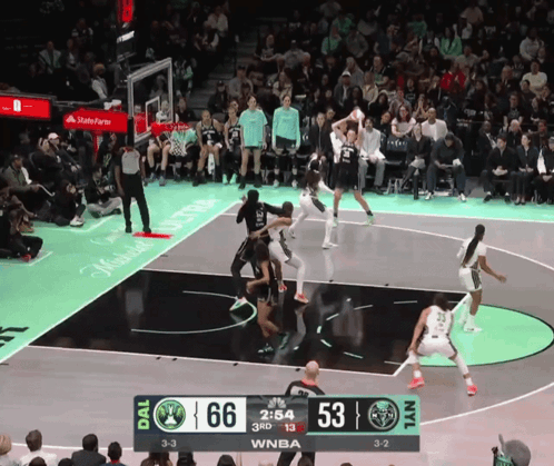 A Basketball Game Is Underway And The Scoreboard Shows The Score At 53 To 66 GIF