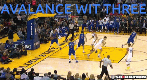 a basketball game with the words avalance wit three